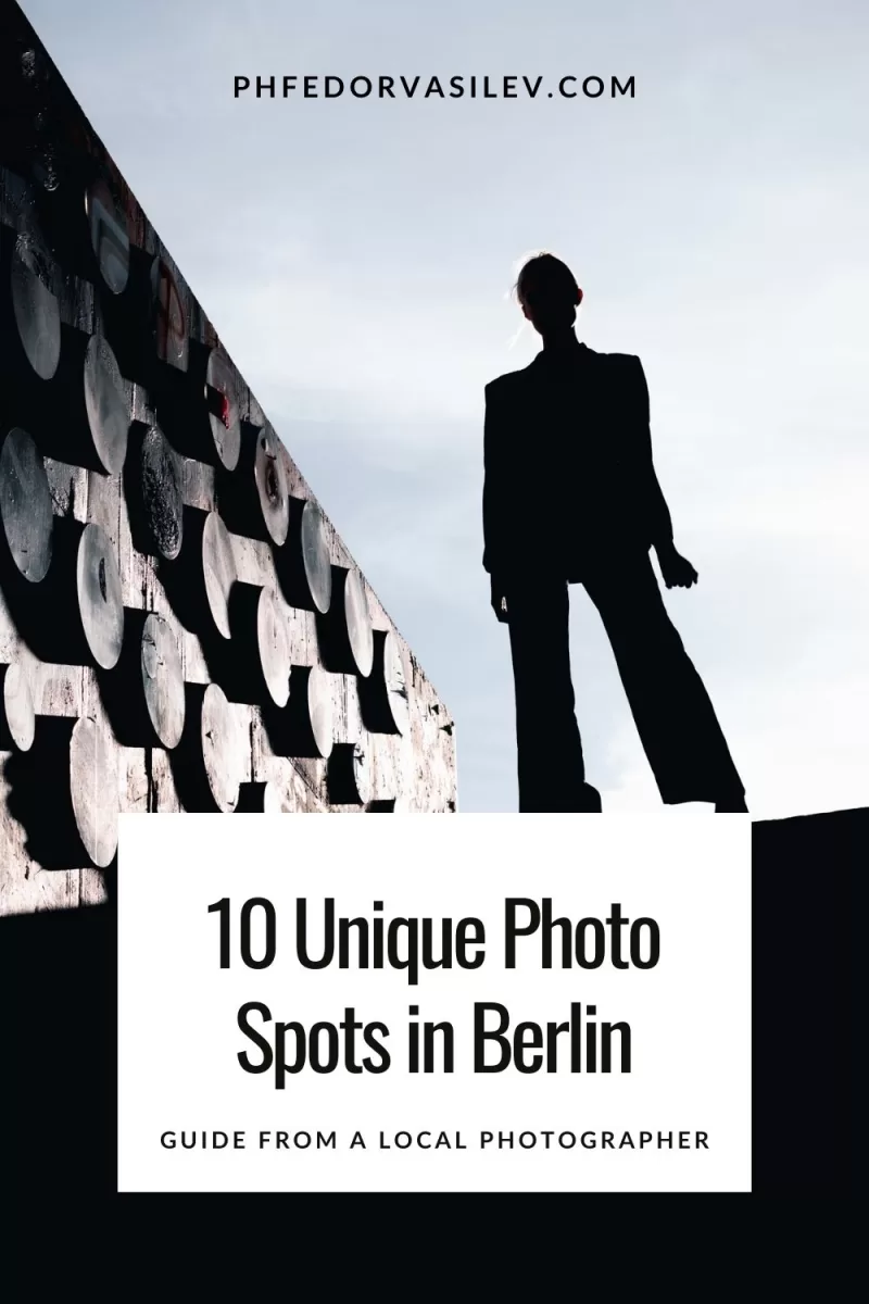 10 unique photo spots in Berlin: pinterest image of a silhouette photo of a model next to the Kindl museum