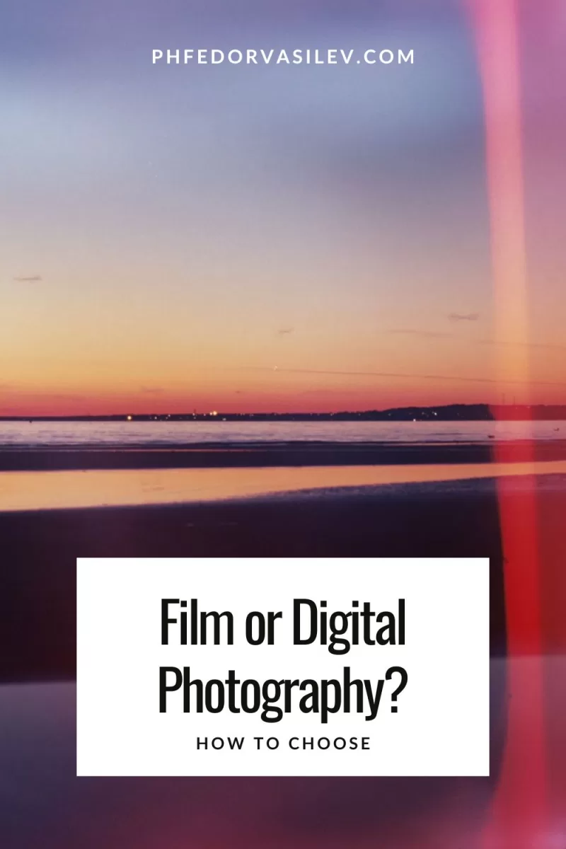 Film or digital photography? Pinterest image showing a film photo of a beach at sunset