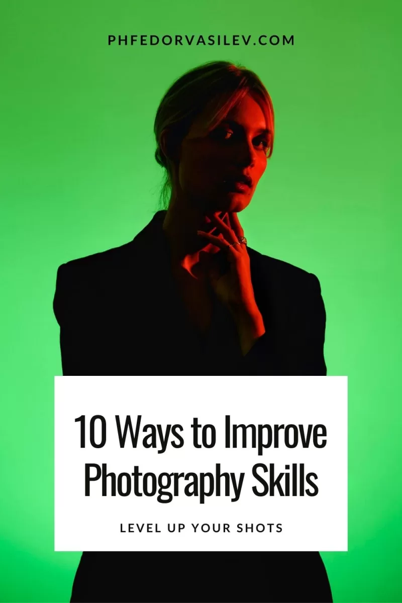 10 ways to improve photography skills: portrait photo of a model with red light on a green background