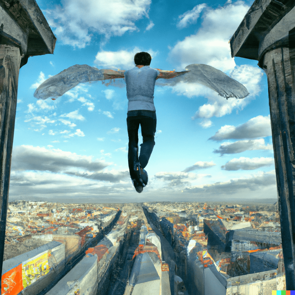 An AI generated art: Man Flying above Berlin 
