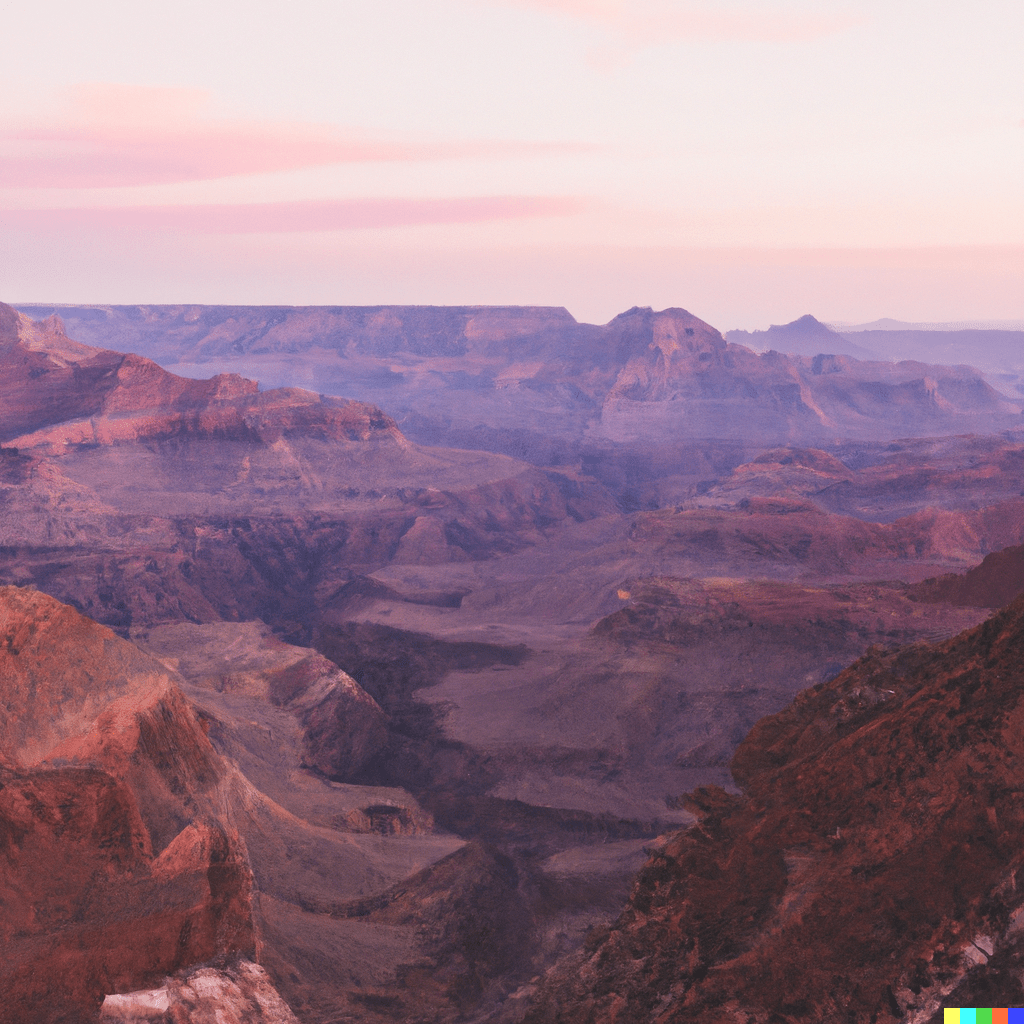 A landscape photograph of a canyon with dreamy pink sky generated by AI DALL-E