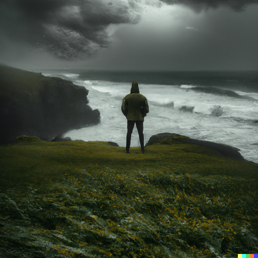 AI generated art: a man on a cliff in front of a stormy ocean