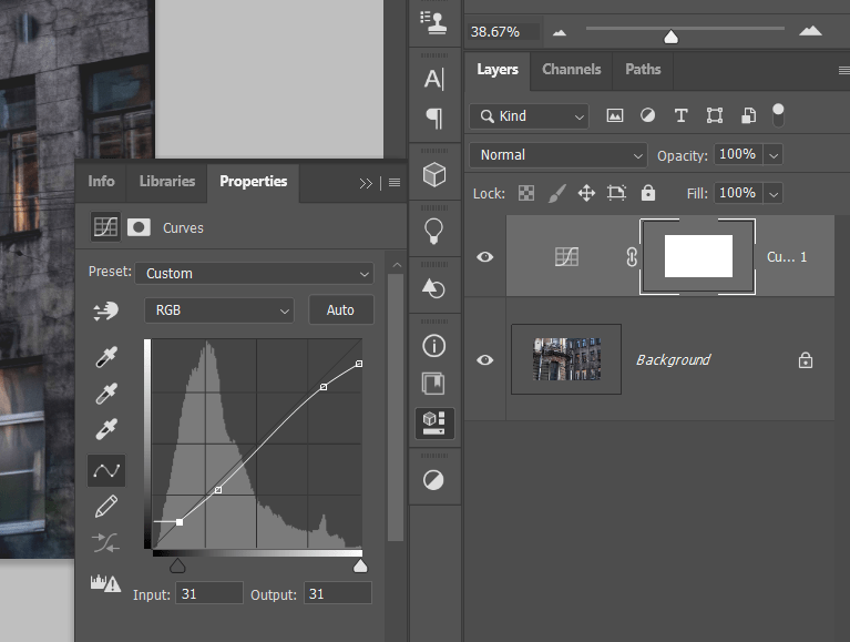 Using curves to lower the contrast